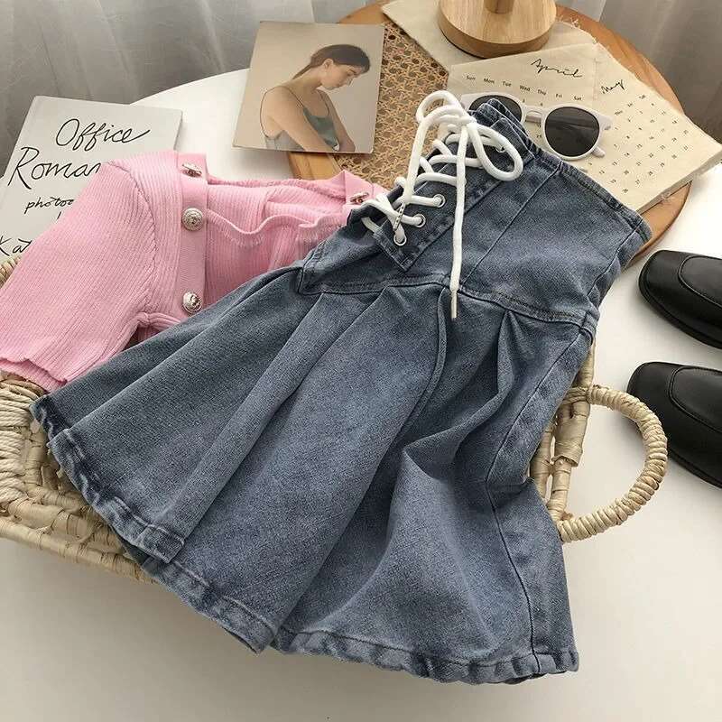 With Strings Jeans Skirts for Women Short High Quality Casual Cheap Y2k Vintage Stylish Streetwear New In Woman Denim Skirt