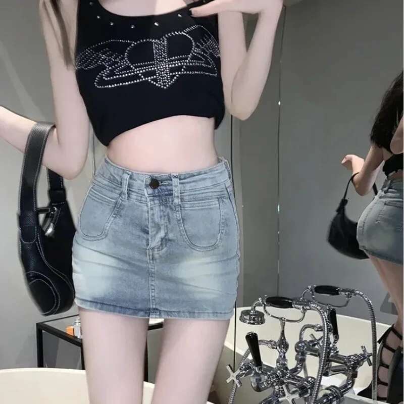 Mini Short Female Jeans Skirts Gyaru Tight Zipper Wrap Womens Denim Skirt High Waist Kawaii Blue Cute Quality Y2k Vintage Cheap