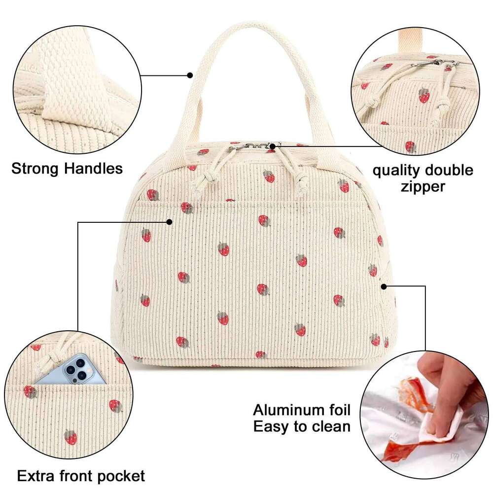 Women Men Cute Corduroy Lunch Tote Large Capacity Cooler Food Thermal Bag For Work Go To School Picnic