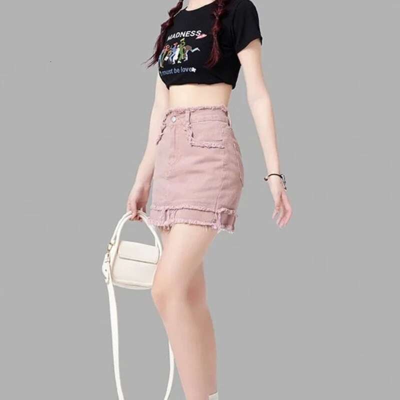 Tight Zipper High Waist Midi Gyaru Pink Cute Woman Denim Skirt Mini Kawaii Wrap Short Blue Jeans Skirts for Women Modest Vintage
