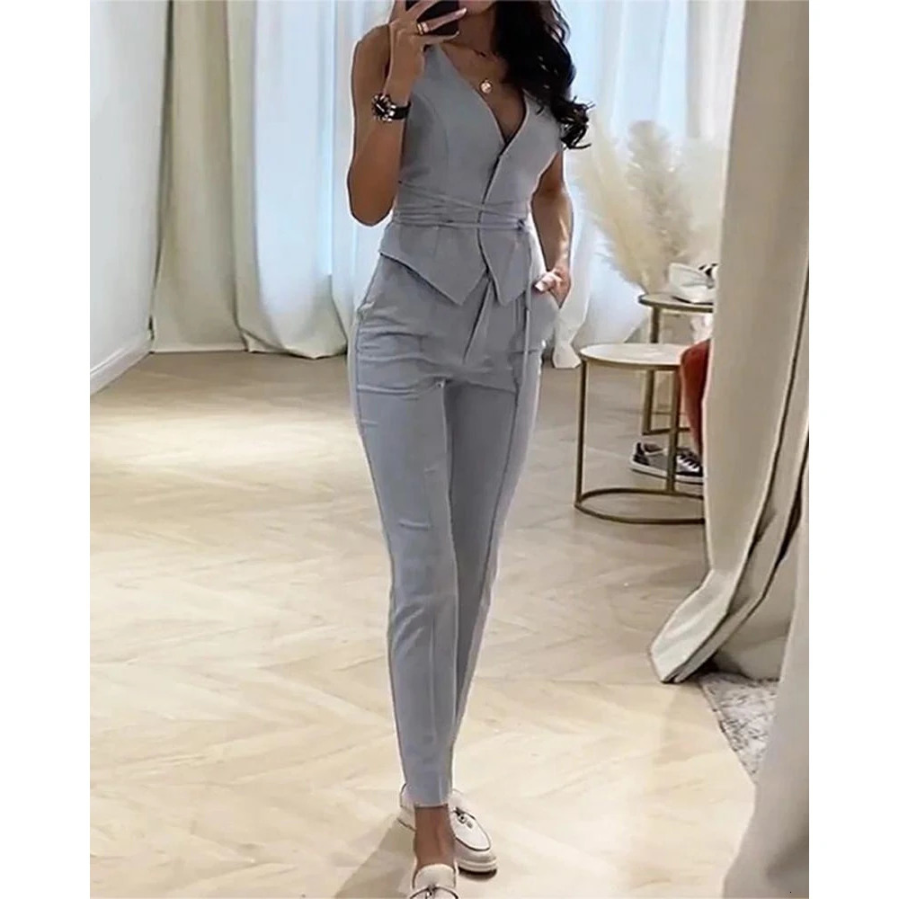 Women Casual Plain Blazer Vest Work Pants Set Formal Sleeveless OL Style 2 Pieces Bussiness Office Lady Suit Sets Workwear 250612