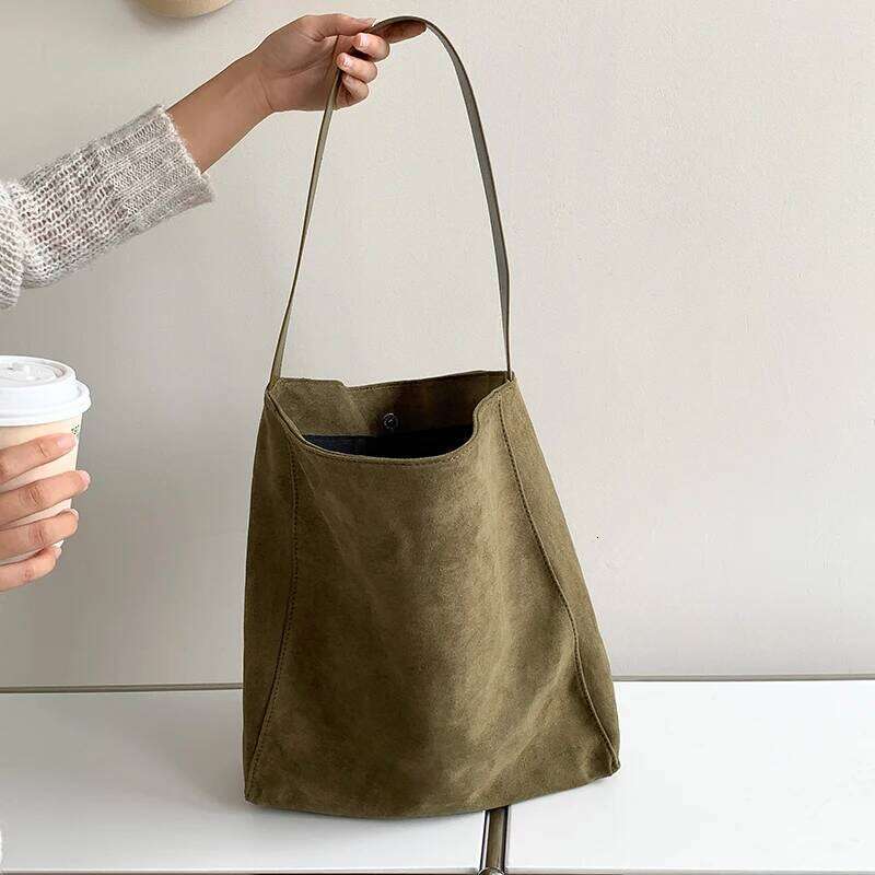 Vintage Faux Suede Women Bucket Shoulder Large Capacity Commuting Female Handbag Casual Big Totes Ladies Hand Bags Green