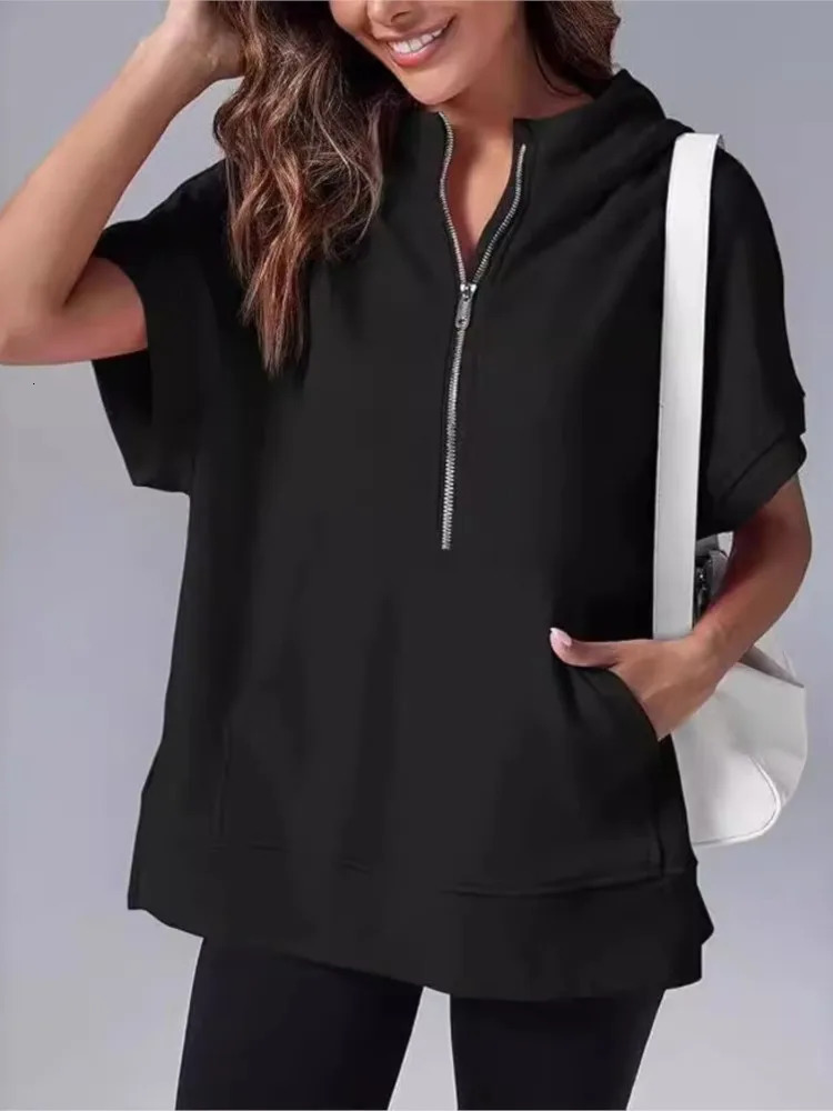 Women Fashion Solid Loose Sweatshirt Summer Short Sleeve Pocket Zipper Tops Female Casual High Street Sports Hooded 250612