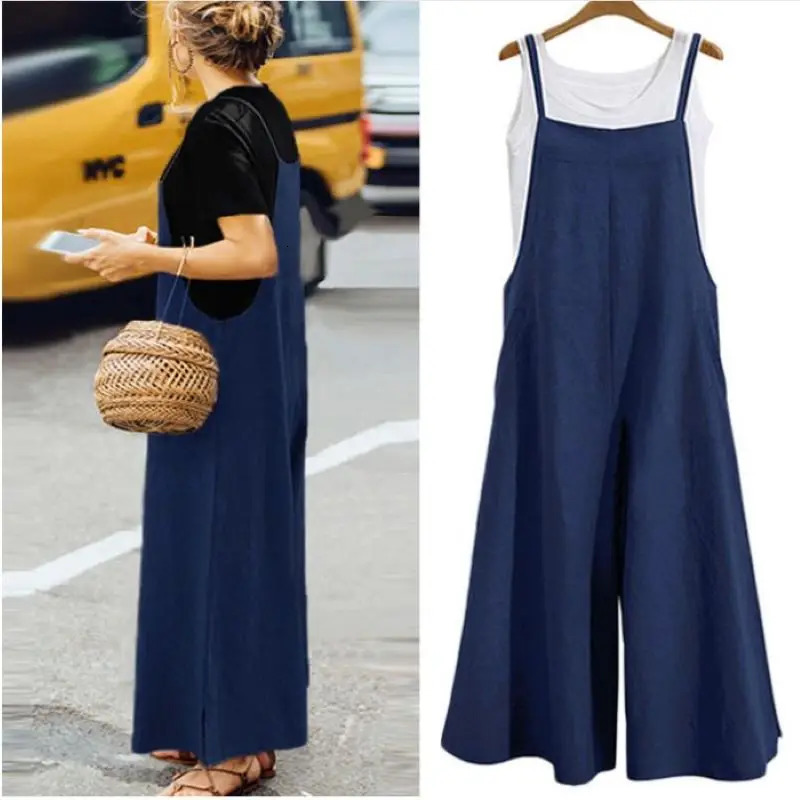 Womens Summer Sleeveless Jumpsuit Solid Color Wide Leg Bib Overalls Casual Loose Cotton Linen Straps Dungaree 250616
