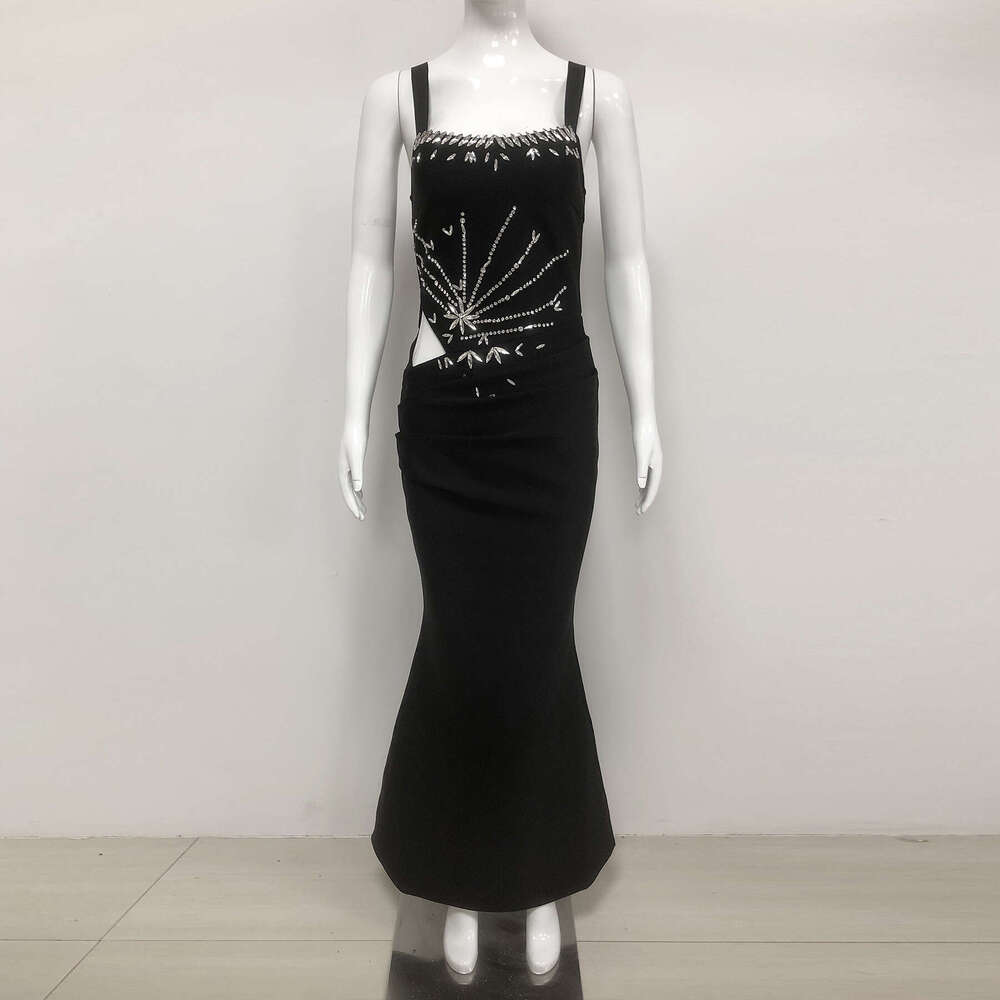 New Style Spaghetti Strap Elegant Bodycon with Rhinestones Slim Fit Long Evening Gown Dress