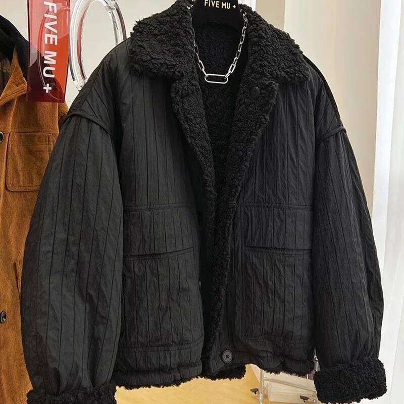 2024 New High-end Imitation Lamb Wool Women Autumn Winter Loose Thickened Warm Reversible Cotton-padded Jacket Preppy