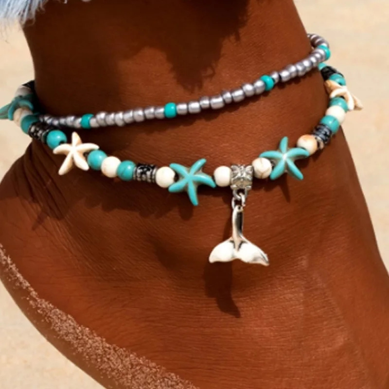 Beach Boho Wave Sea Star Dolphin Turquoise Bead Turtle Foot Chain Anklet For Women Jewelry 250606