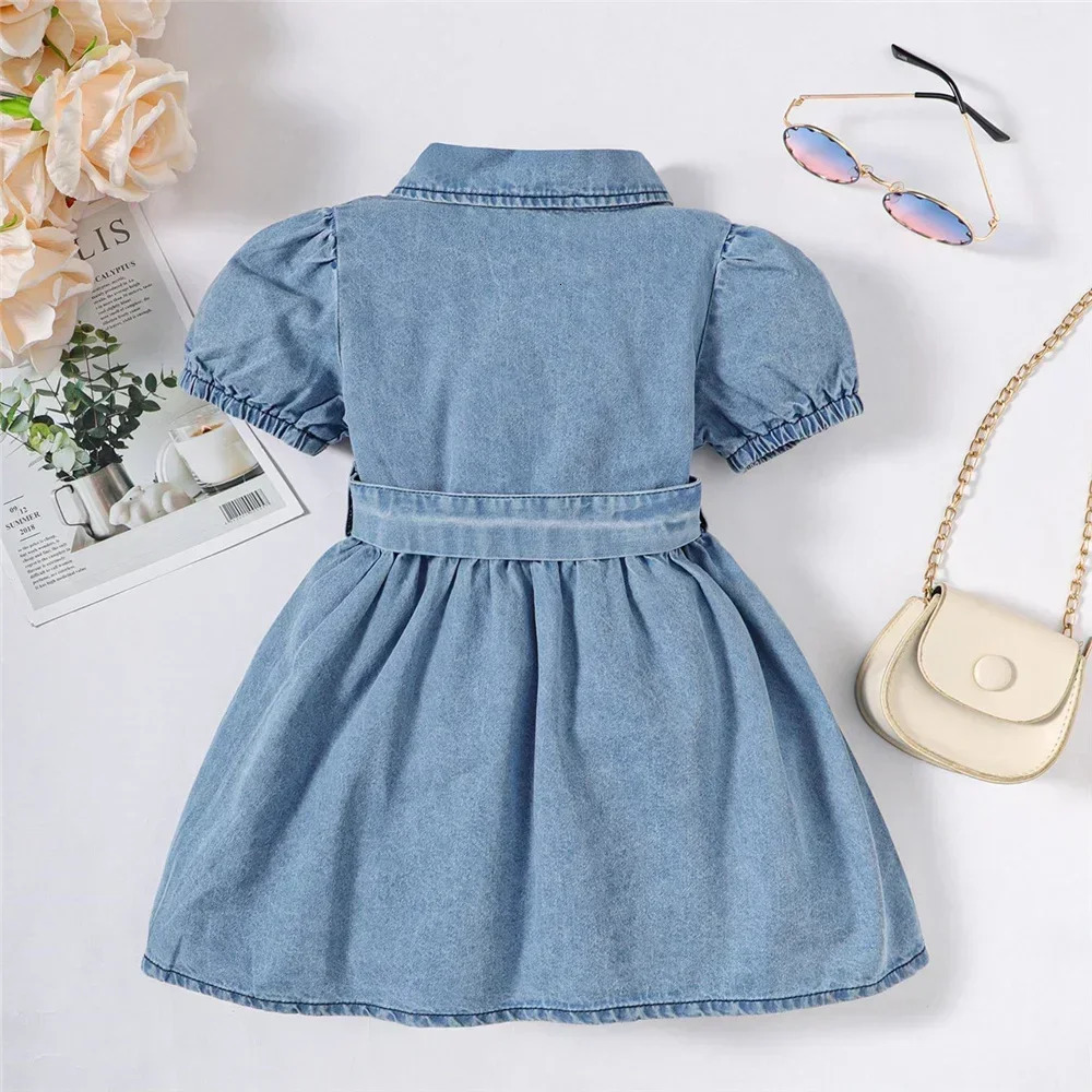 1-3 Years Summer Toddler Baby Girl Fasion Bubble Sleeve Lapel Jeans Casual Dresses Birthday Party Costumes for Kid Girls 250617