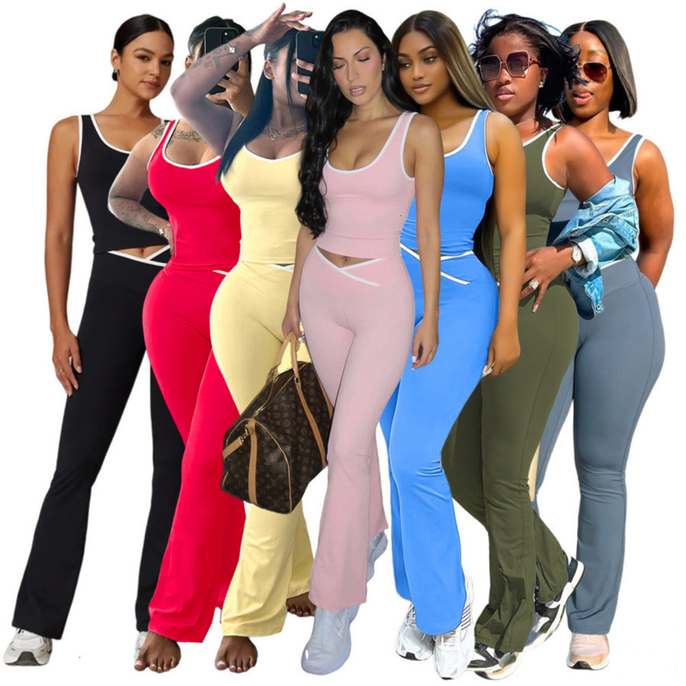 Womens Tracksuits Two Pieces Set 2025 New Fashion Contrasting Cross Flared Pants Nude Yoga Running Fitness Yoga Suit 7 Colours