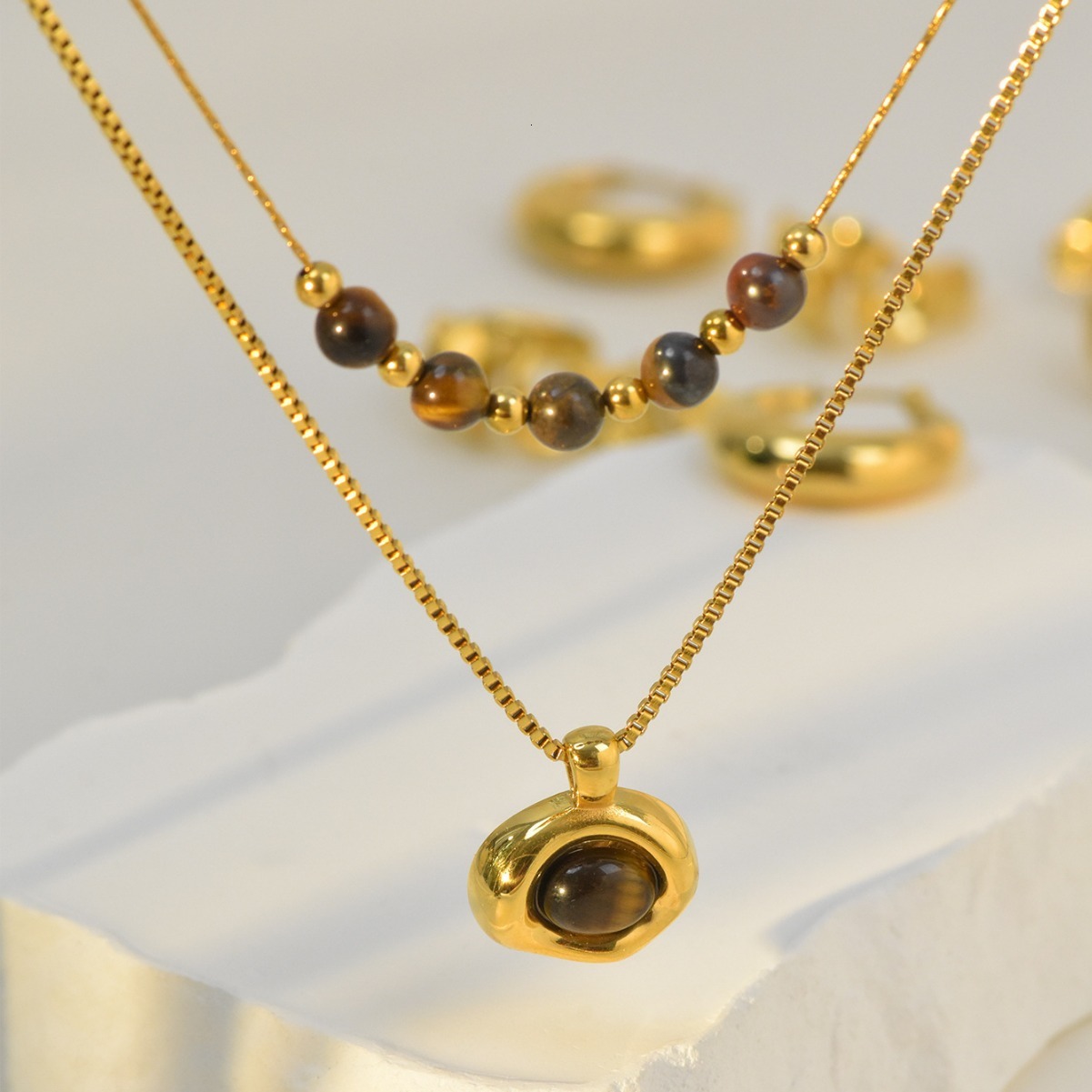 Tiger Eye Stone Beaded Irregular Stainless Steel Pendant Double Layer Stacked Necklace for Women