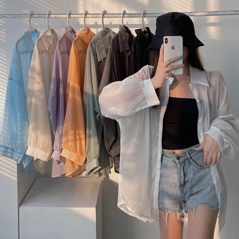 Semi Sheer Long Sleeve Shirt for Women Shimmer Button Down Collared Plain Lightweight Shirt Spring Summer Chic Tops Outfit 250616