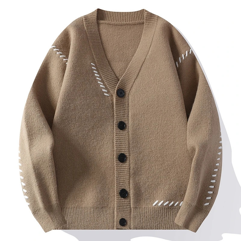 Autumn Winter V-Neck Knit Cardigan Men Harajuku Patchwork Loose Knitted Sweater Outerwear Coat Mens Fashion Casual Streetwear 250616