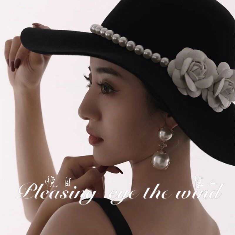 Elegant Socialite Pearl Flower Bride Hat French Style Black Wide Brim Hat and Graceful British Style Wide Brim Hat 250615