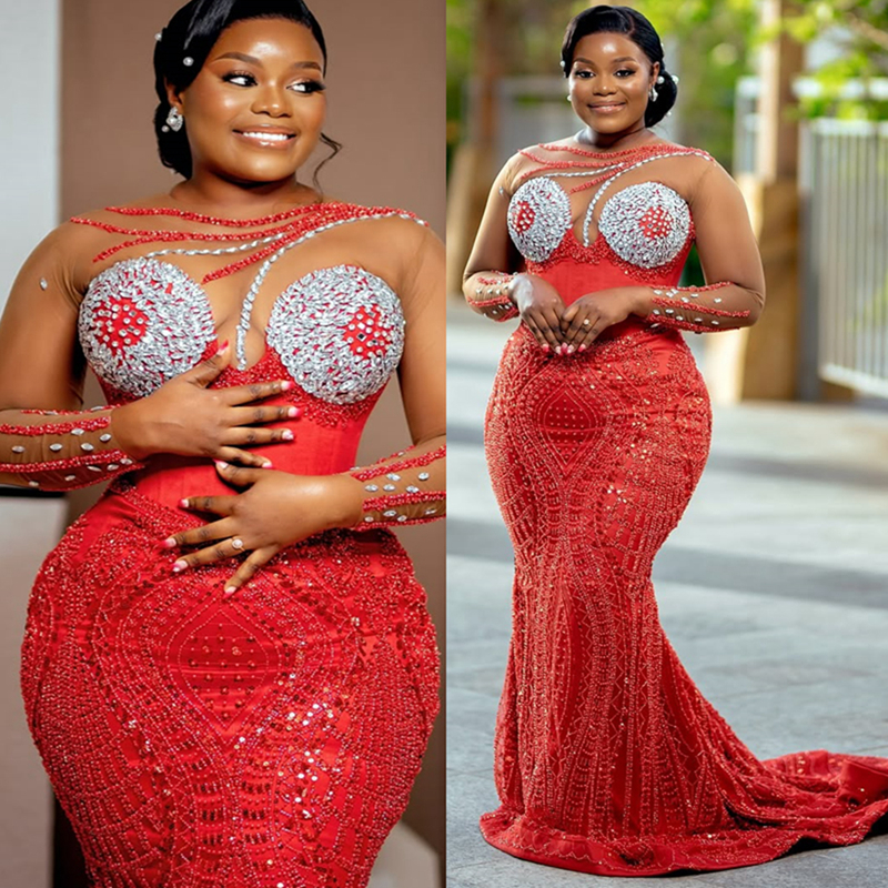 2025 Plus Size Red Aso Ebi Prom Dress Mermaid Prom Dresses Evening Formal Gowns Sheer Neck Long Sleeves Beaded Lace Flora Birthday Dress Second Recept