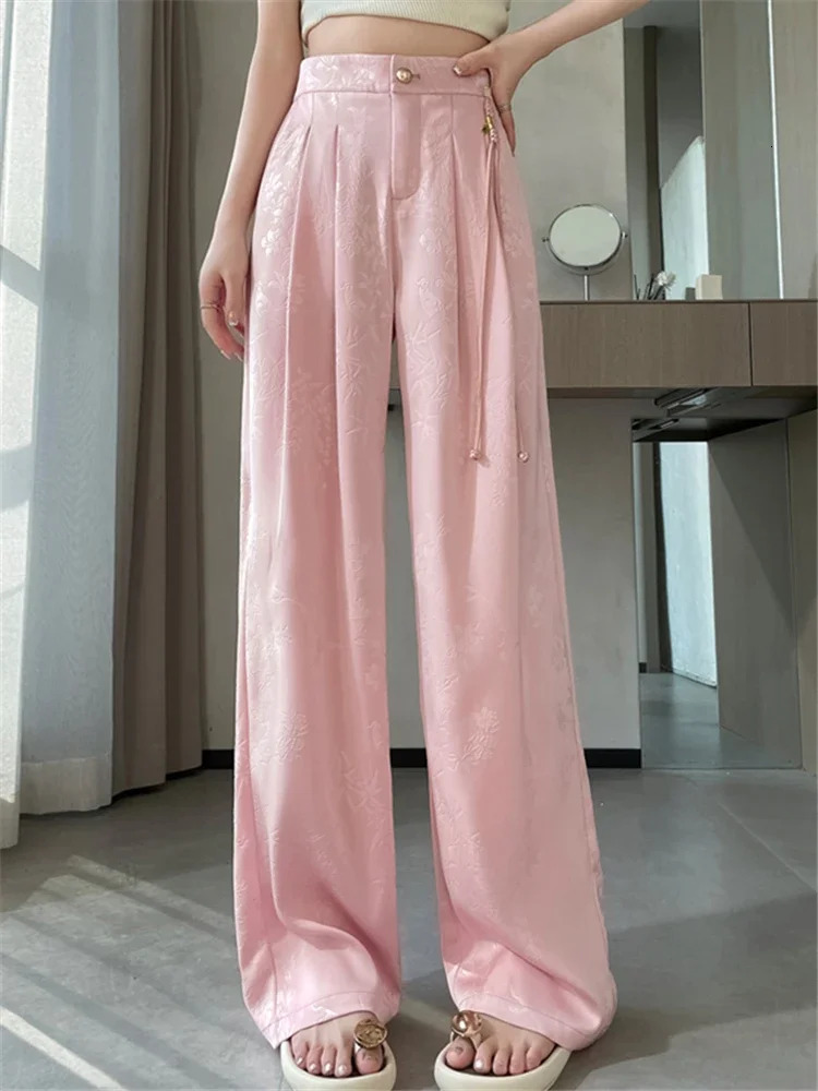 Chinese Style Jacquard Wide Leg Satin Pants for Women Elegant Solid Office Lady Womens Casual Loose Pants Female 250616