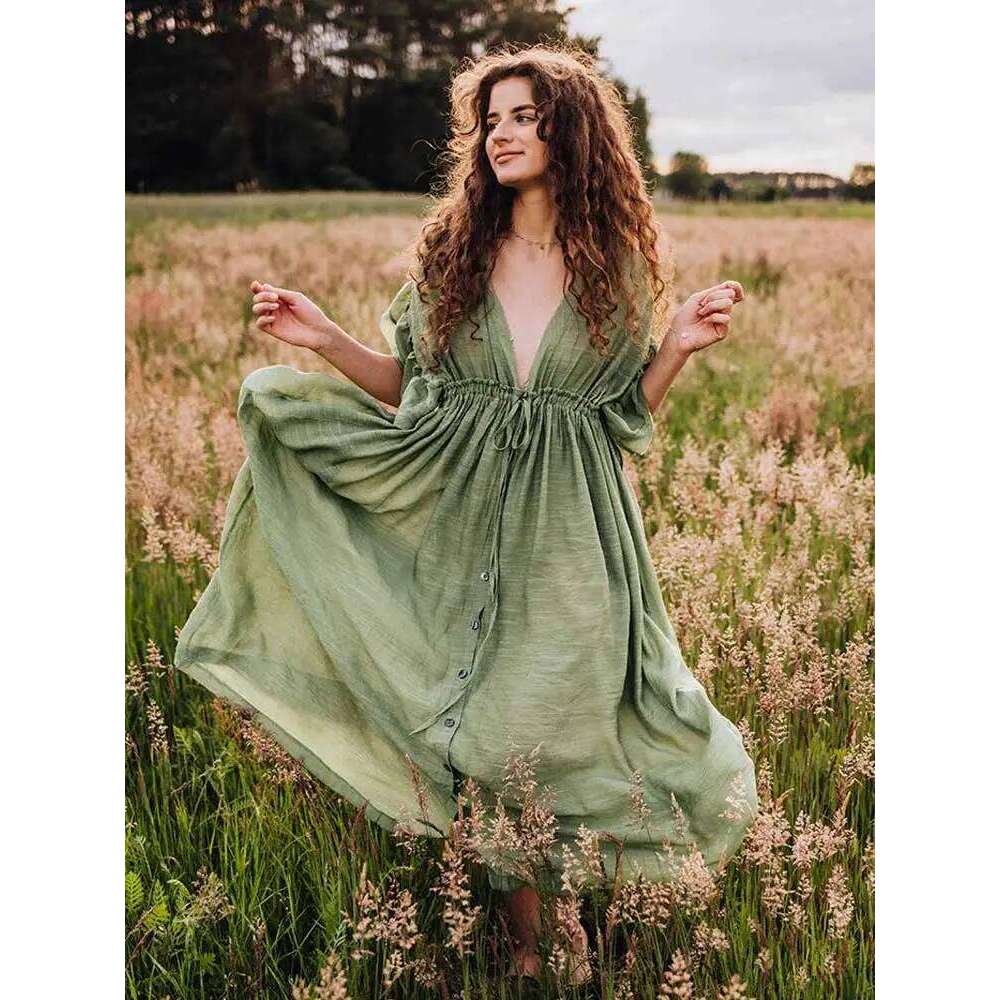 Designer Clothing 2025 Boho Inspired Sexy Bikini Cover-Ups Long Green Tunic Casual Summer Dress Boho Women Clothes Beach Wear Swim Suit Cover Up