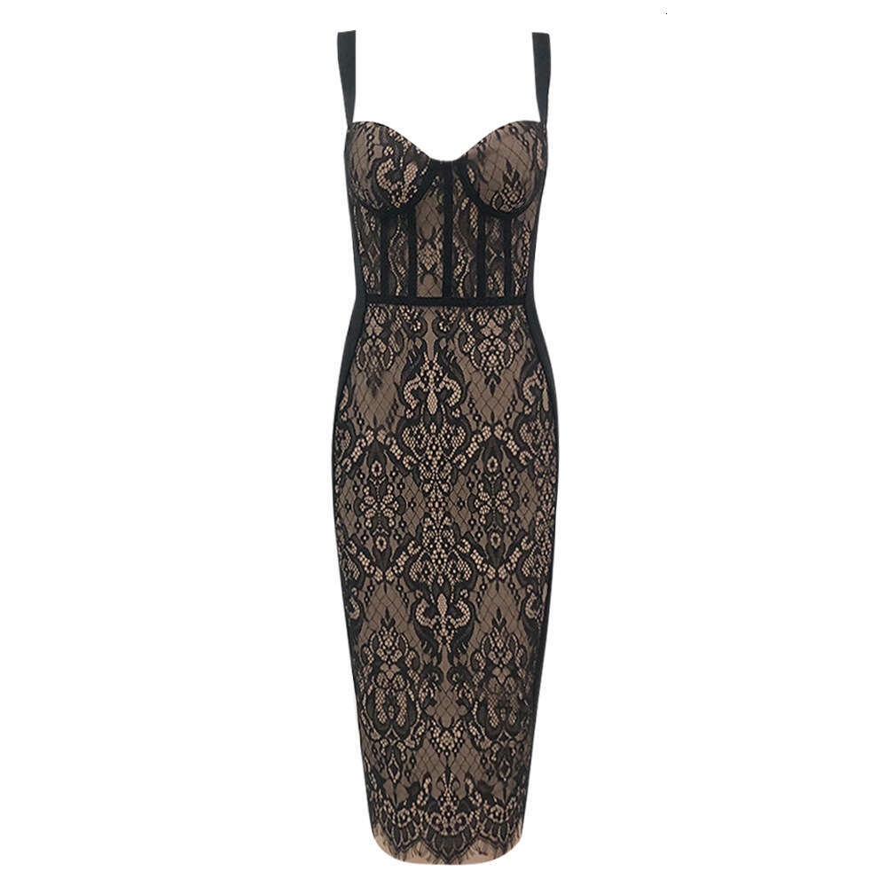 Autumn Winter New Fashion Low-Cut Sexy Lace Strap Bandage Tight-Fitting French Style Bodycon Long Dress