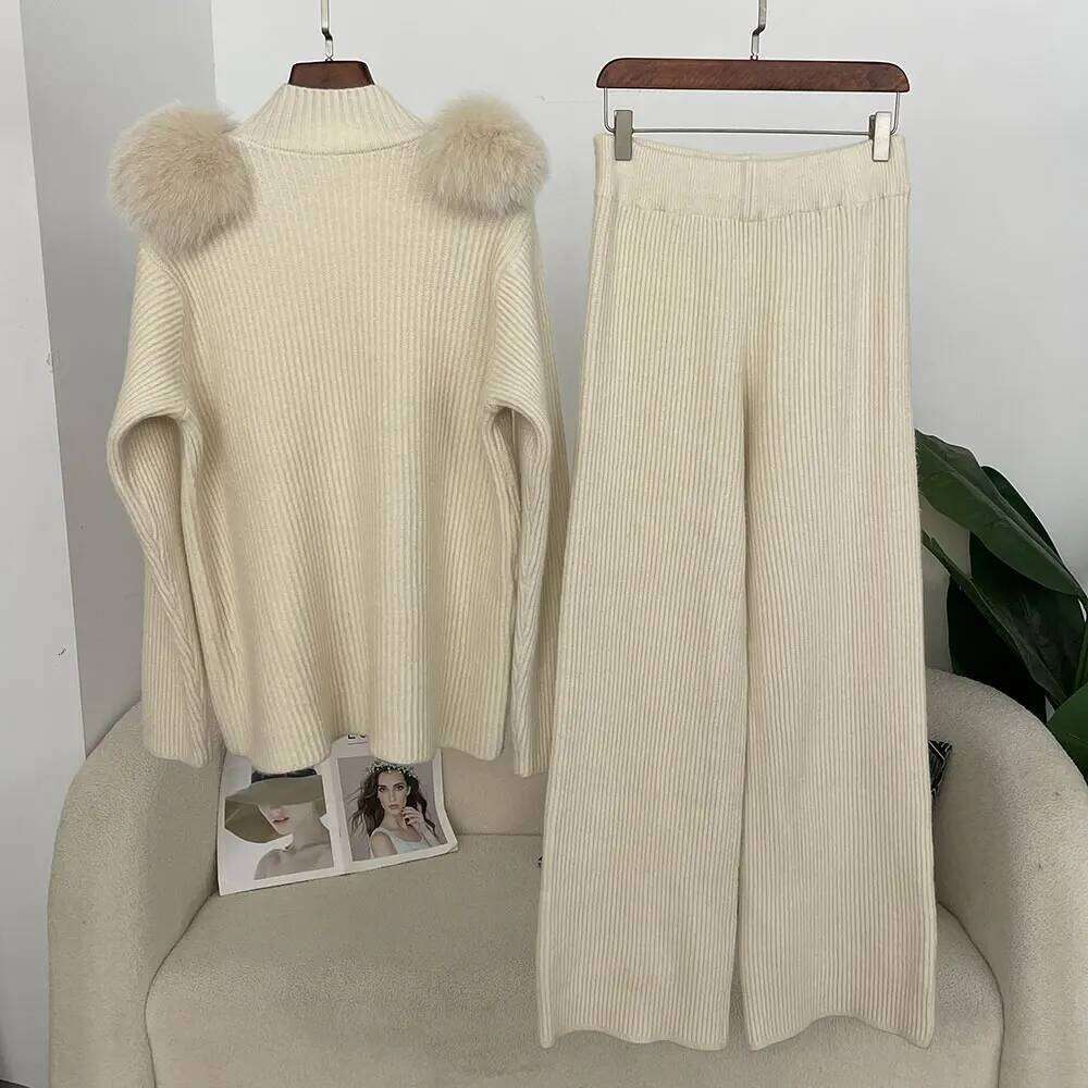 OFTBUY Trousers Knit Suit Women 2025 New Spring High Collar Knitted Cardigan Female Real Fox Fur Sweater Lady Knitting Clothing