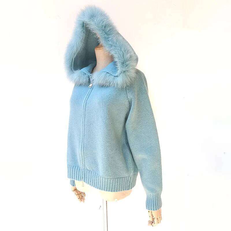 2025 Women Spring Knitted Hooded Cardigans Real Fox Fur Stripe Long Sleeve Warm Cardigan Sweater With Zipper