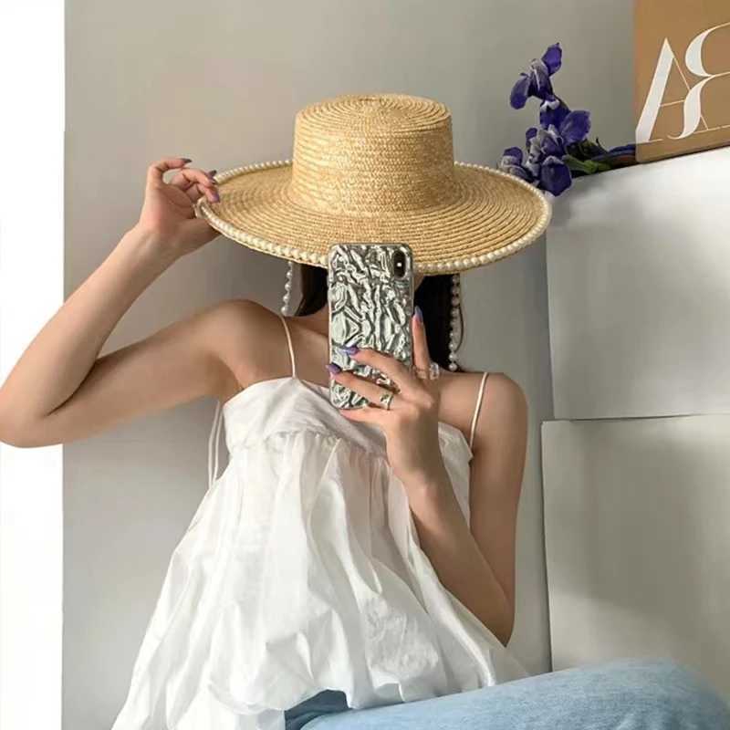 Wheat Straw Sun Hat For Women Summer Pearl Wide Brim Floppy Panama Fishermen Hats Female Lady Outdoor Foldable Beach Sun CapsXJ250617