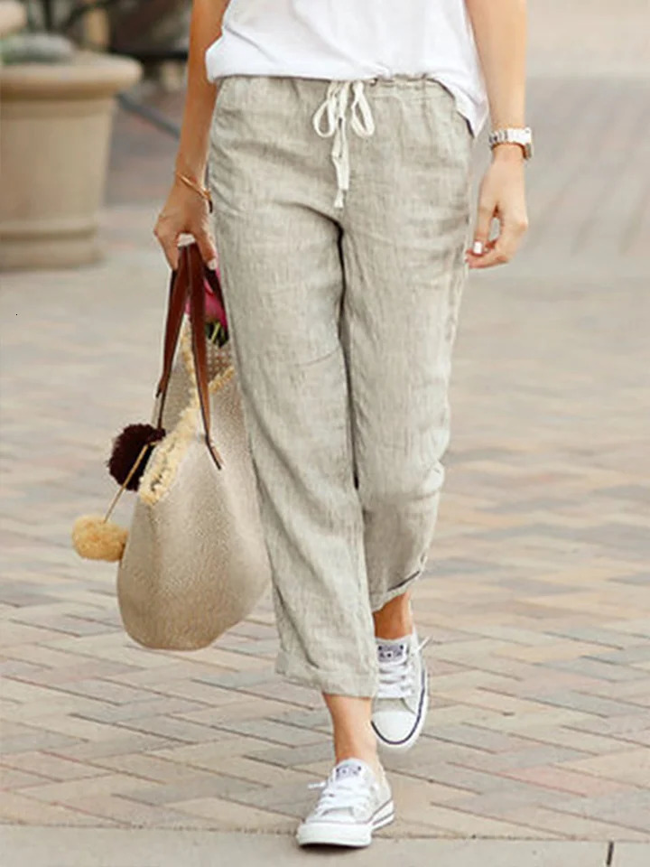 Women Elegant Simple Pants Fashion Drawstring Solid Color Cropped Pants Loose Causal Elastic Waist Office Lady Trousers 250616