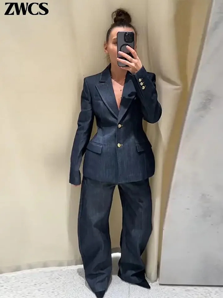 Elegant Denim Blazer Vest Pants Set Women Single-breasted V-Neck Suit Coat Strapless Tanks Straight Leg Jeans 2025 Lady Suit 250616