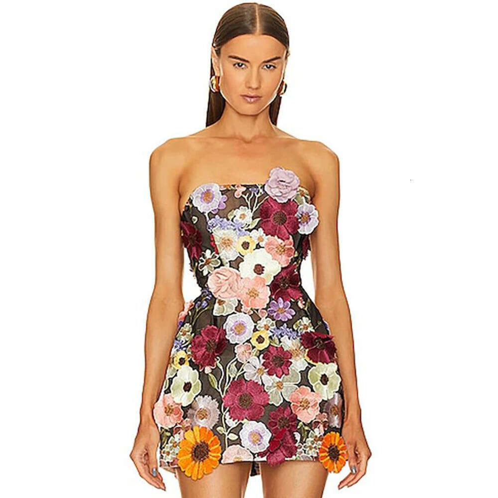 High-end Women's New Sexy Slim Fit Strapless with Floral Decoration A-line Dress for Banquet Evening Gown