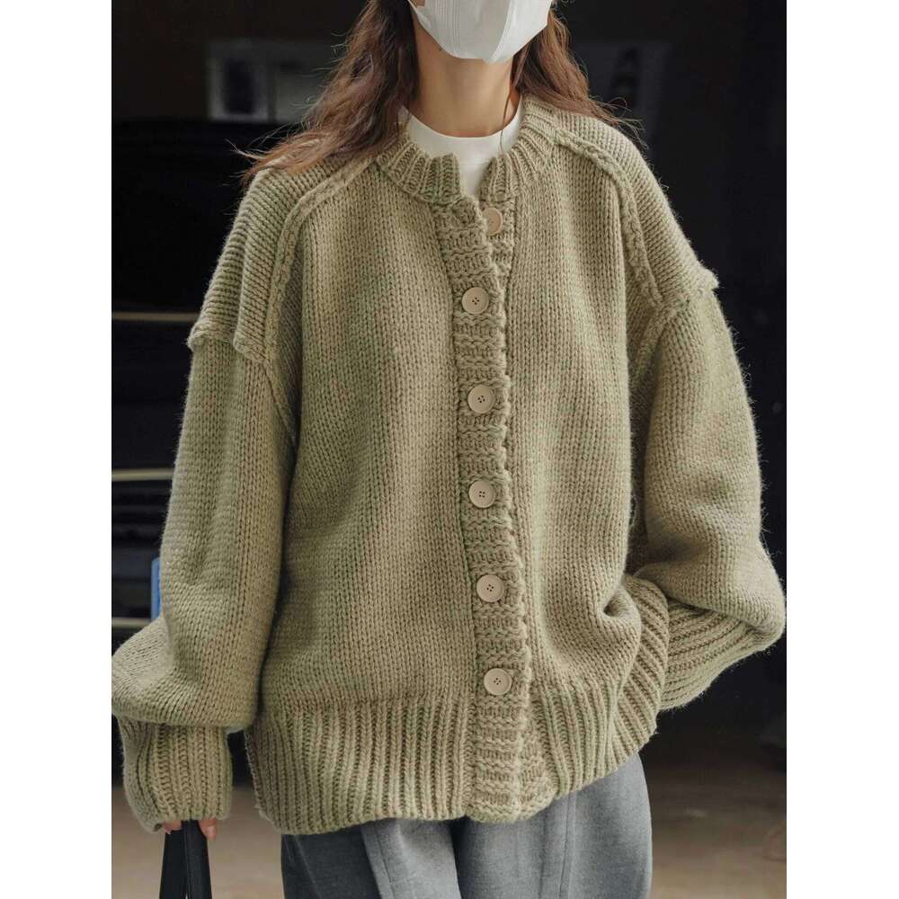 Autumn and Winter Women's Casual Solid Round Neck Long Sleeve Loose Cardigan Sweater