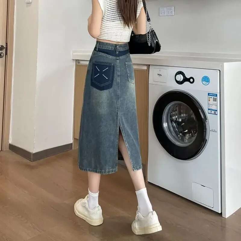 Female Jeans Skirts With Slit Midi Stylish Luxury Elegant Harajuku Casual Summer 2025 Korean Style Aesthetic Womens Denim Skirt