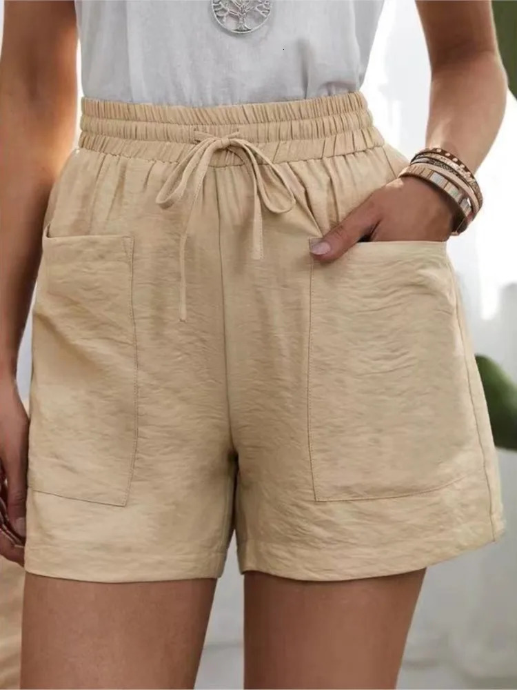 Woman Shorts Fashion Women Linen Sweatshorts Summer Pockets High Waist Cotton Blend Pockets Elastic Waist Loose Shorts 250614