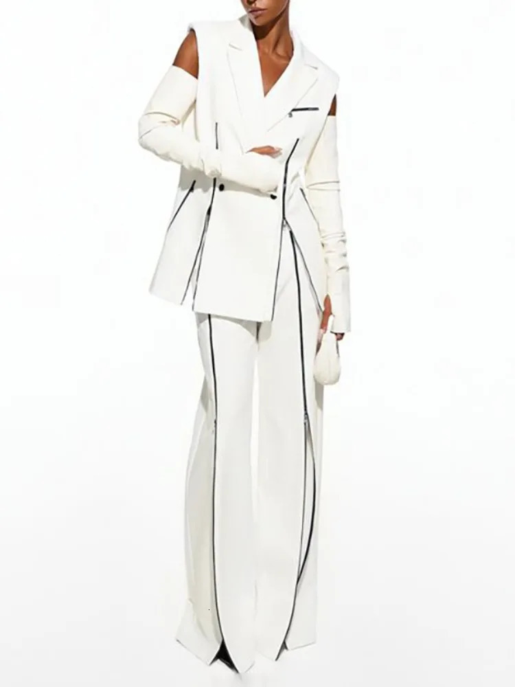 Gymystars Summer Suit Set for Women White Pants Sets Casual Contrast Color Zipper Trousers Sleeveless Shoulder Pad Vest Blazer 250612
