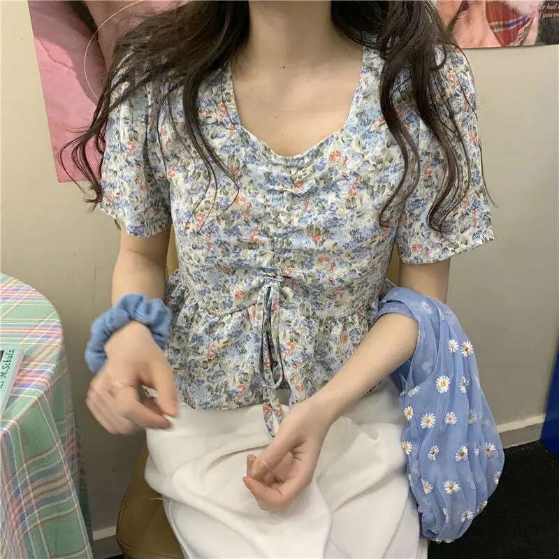 Clothing Short Sleeve Cute Womens Shirts and Blouses Kawaii Top for Woman Crop Floral with Bow Korean Style Modern Long Pretty