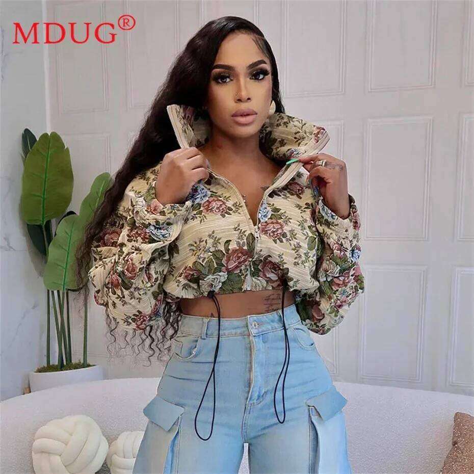 1pcs Women Coat and Jackets Fall 2024 Fashion Print Zipper Drawstring Crop Top Party Streetwear Girls Clothing Y2k M14745