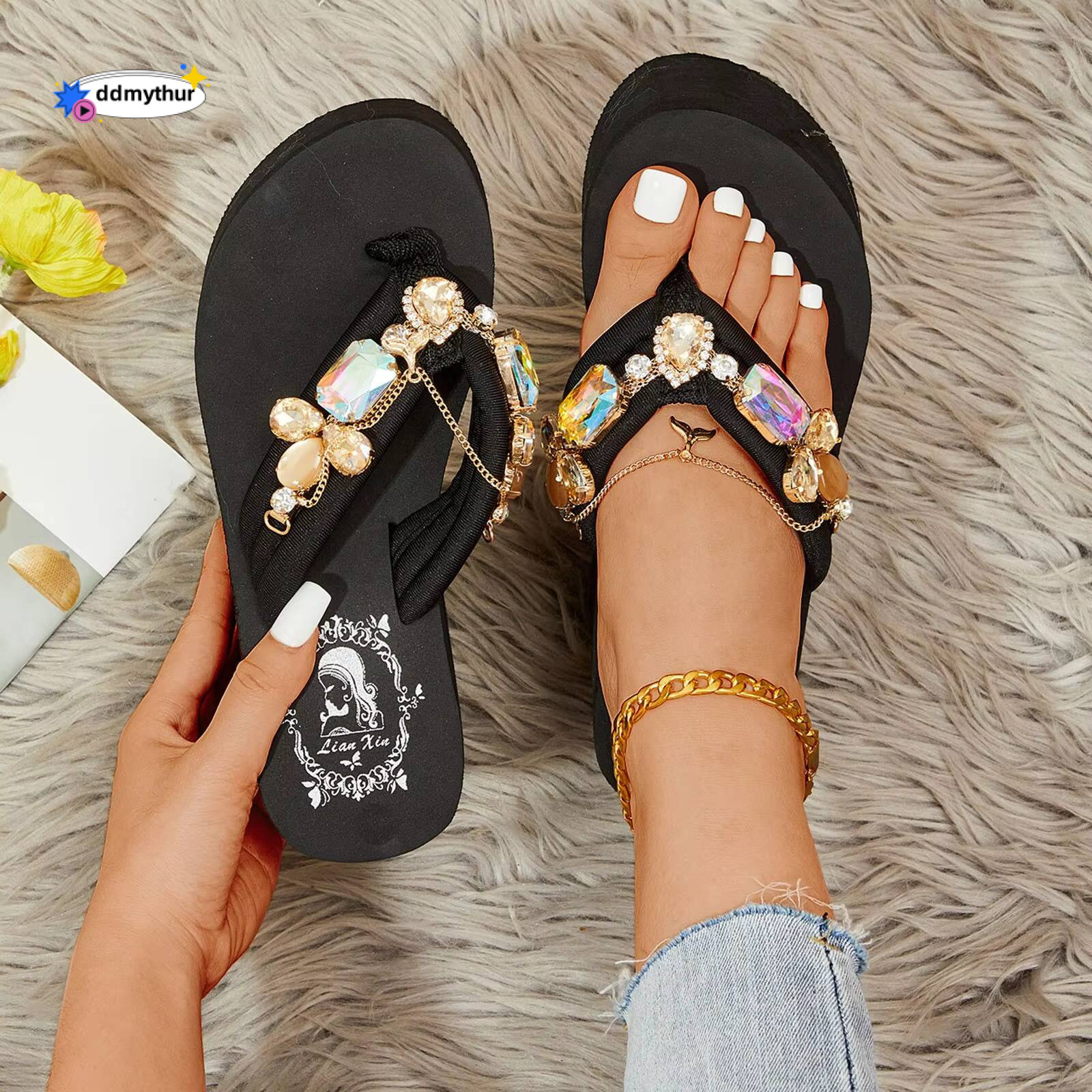 Ladies Flip Flops Shoes Wedge Platform Thick Sole High Heel Rhinestone Slipper Women Fashion Diamond Chain Slippers Zapatos ddmythur