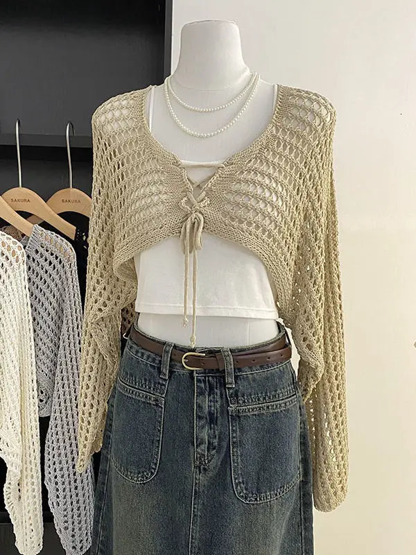 Hollow Out Short Style with Camisole Knitted Sweater for Womens Summer Loose Long Sleeved Cover Up Sun Protection Top 250616