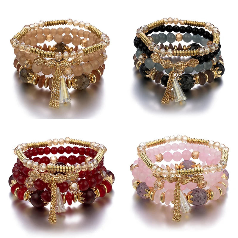 4Pcs Tassel Charm Beads Bracelet Set For Women Colorful Glass Beaded Chain Bangle Men Bohemian Jewelry 250616