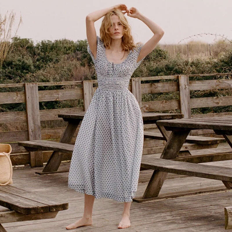 Dress Designer Dresses for Woman 710 New 2025 Floral Square Neck Pure Cotton Vacation Waist-cinching Mid-length Dress French Style Women