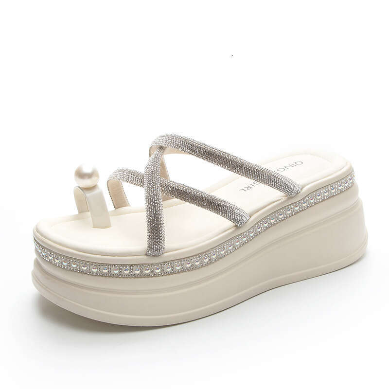2025 New Summer Thick-Soled Outdoor Slippers For Women With Rhinestone Cross New Straps, Platform Fairy Style Beach Sandals
