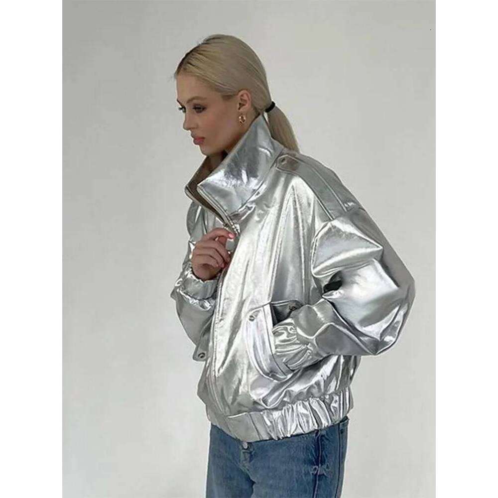 Glossy Jackets Women Casual Loose Lapel Zipper Fashion Coats Female 2024 Autumn Winter Long Sleeves Solid Street Outwears Lady
