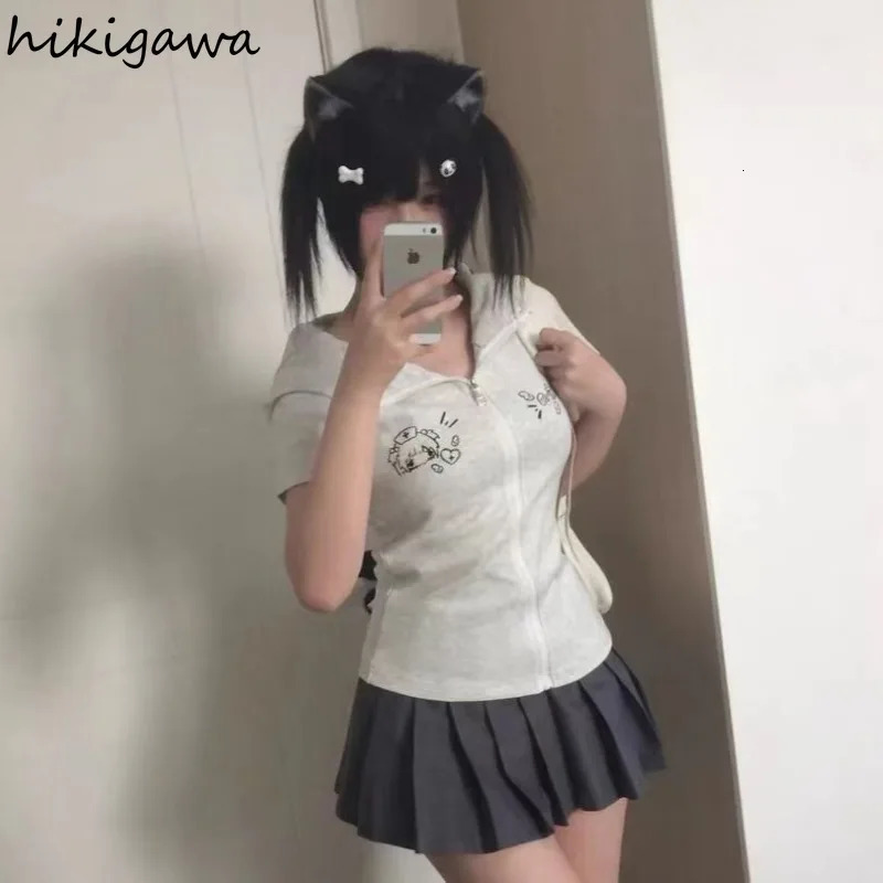 Cat Ears Sweatshirts Women Clothing Slim Fit Short Sleeve Zipper Hoodies Y2k Tops Casual Chic Anime Cute Hoodie Coat Ropa Mujer 250612