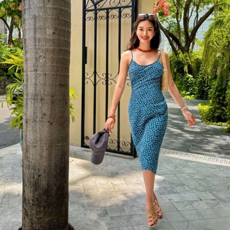 Summer Dress Dresses for Woman Elegant for A Wedding 960 New 2025 Silk Blue Floral Low-cut Mid-length Slim Fit Backless Dress French Vacation Style