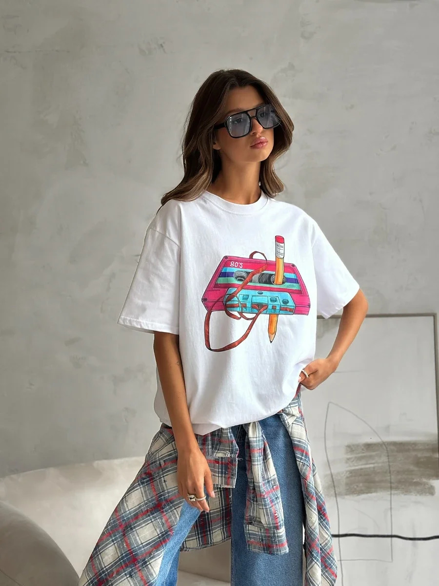 summer Womens Fashionable Printed T-shirt Casual Vintage Short-sleeve Printing T Shirts Fashion Hip Hop Loose Top 250617
