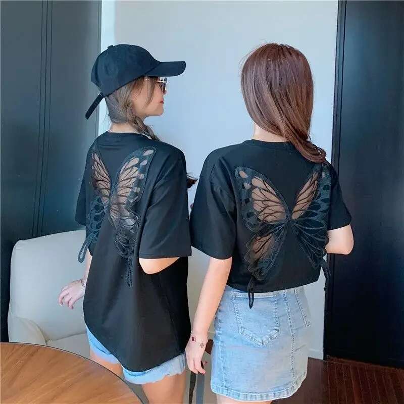 Womens T-shirt Mesh Cotton Female Top 90s Vintage Harajuku Fashion Korean Yk2 Goth Y2k Clothing Pulovers Youthful Clothes 2025