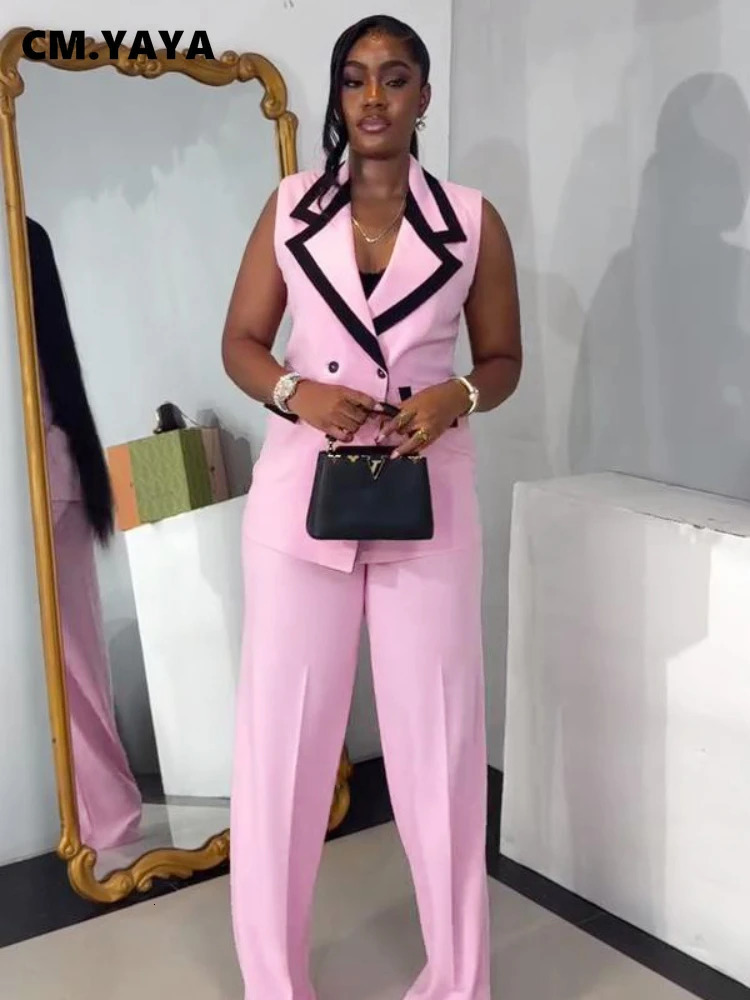 CMYAYA Fashion Womens Set Striped Patchwork Sleeveless Tank Blazer Top and Wide Leg Pants Suit Two 2 Piece Sets Outfits 250612