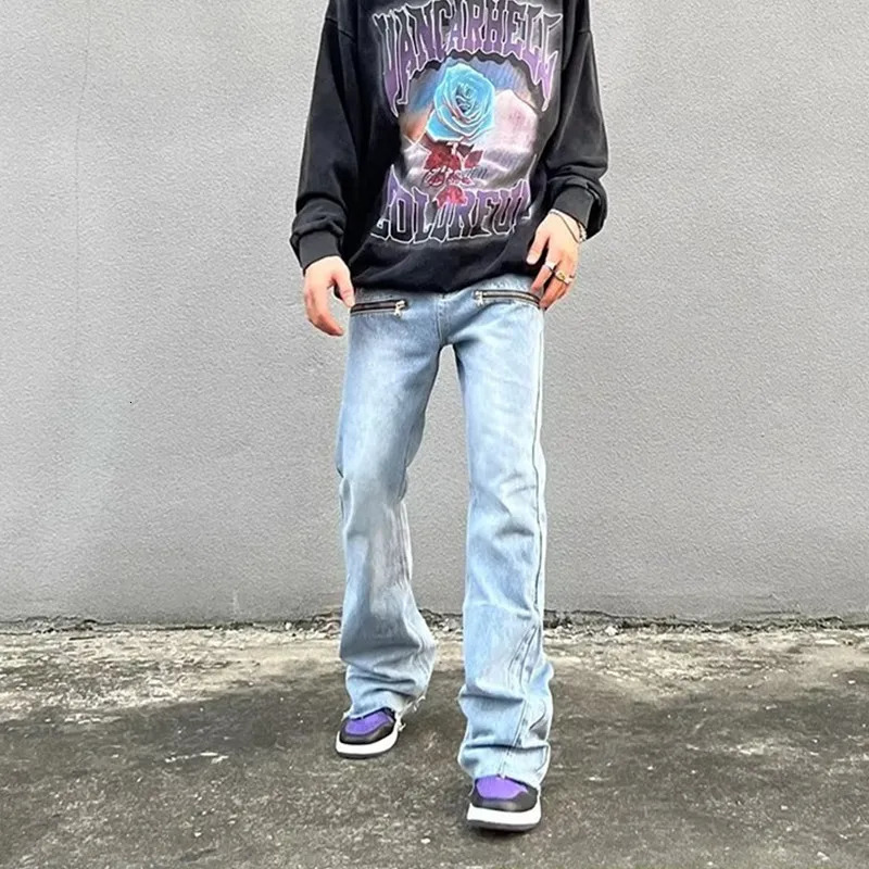 Y2K Fashion Zipper Retro Washed Baggy Flare Jeans Pants Men Streetwear Hip Hop Wide Leg Straight Denim Trousers Ropa Hombre 250616