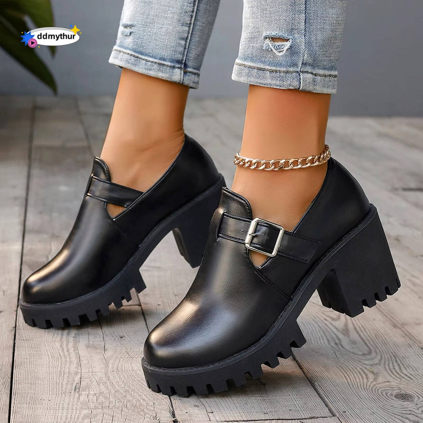 Heel Women'S Fashion Round Head Belt Buckle Single Shoes Chunky High Heels Casual Close Toe Wedge Sandals For Women ddmythur