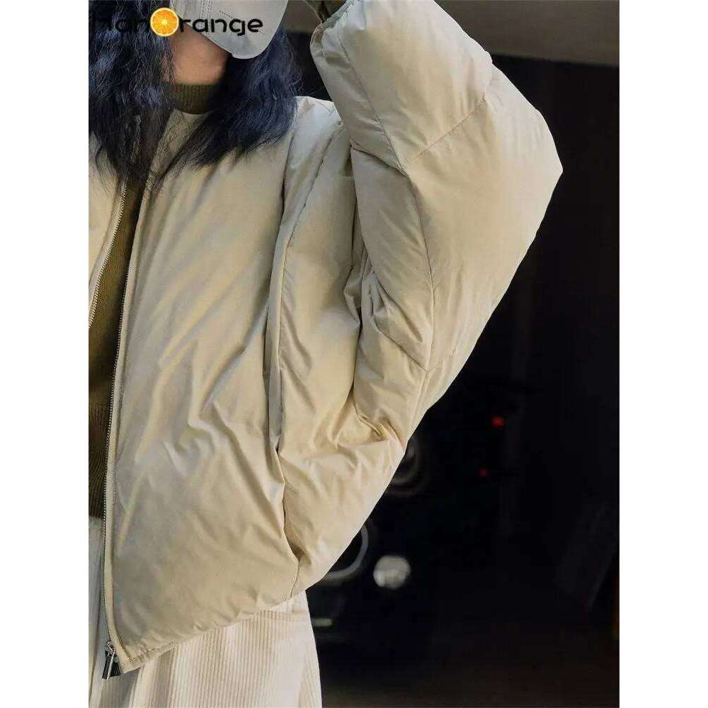 HanOrange 2024 New Year Capsule Casual Air Short Padded Jacket Women Loose Puffy Warm Parkas Female Black/Light Apricot