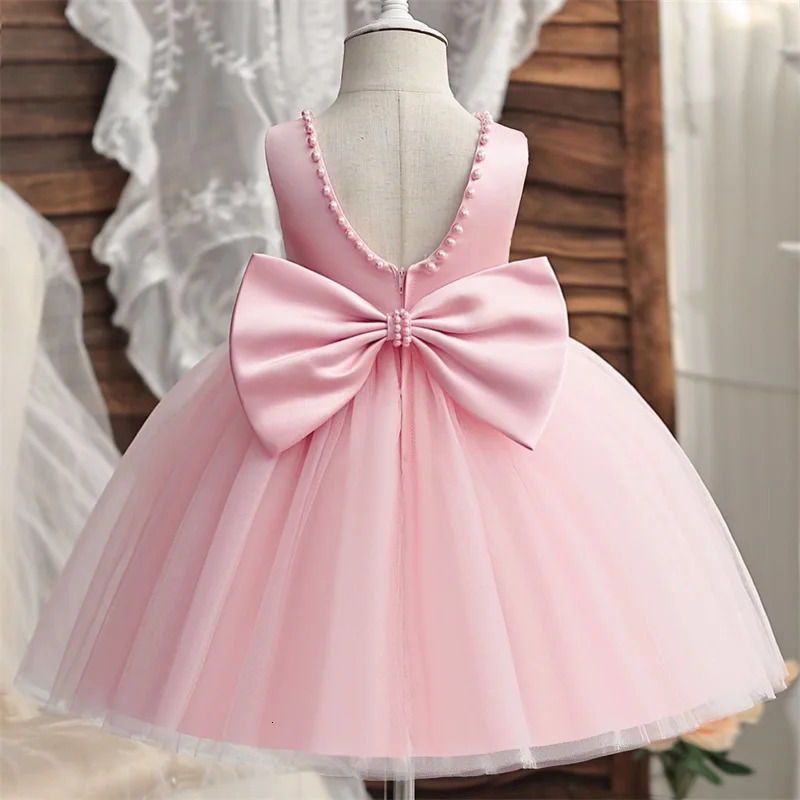 Baby Girl Dress Big Bow Pearls Backless 1st Birthday Party Dress Infant Girl Princess Wedding Tulle Gown Baptism Dress for 1-5Y 250617