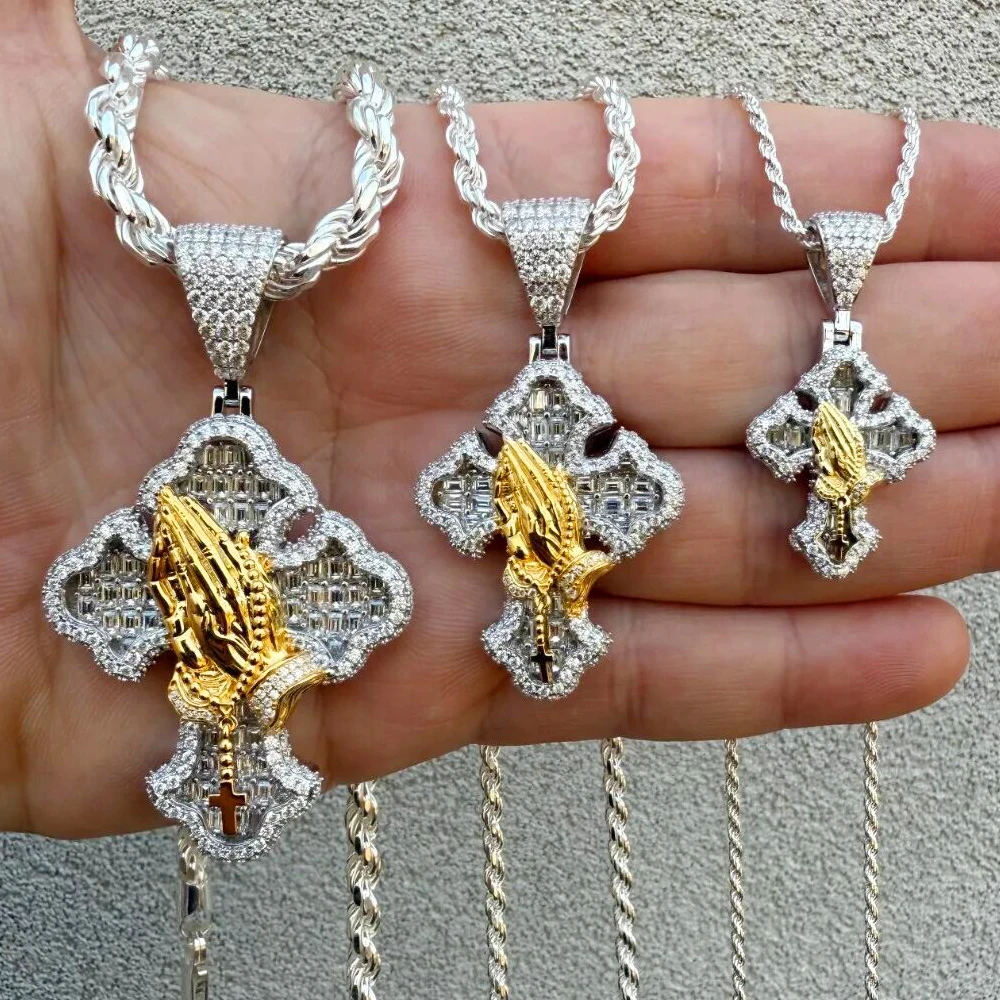 sdzstone 2025 NEW fashion Iced Out Bling Cross Pendant Necklace Praying Hands Pendant Charm For Man Woman Jewelry