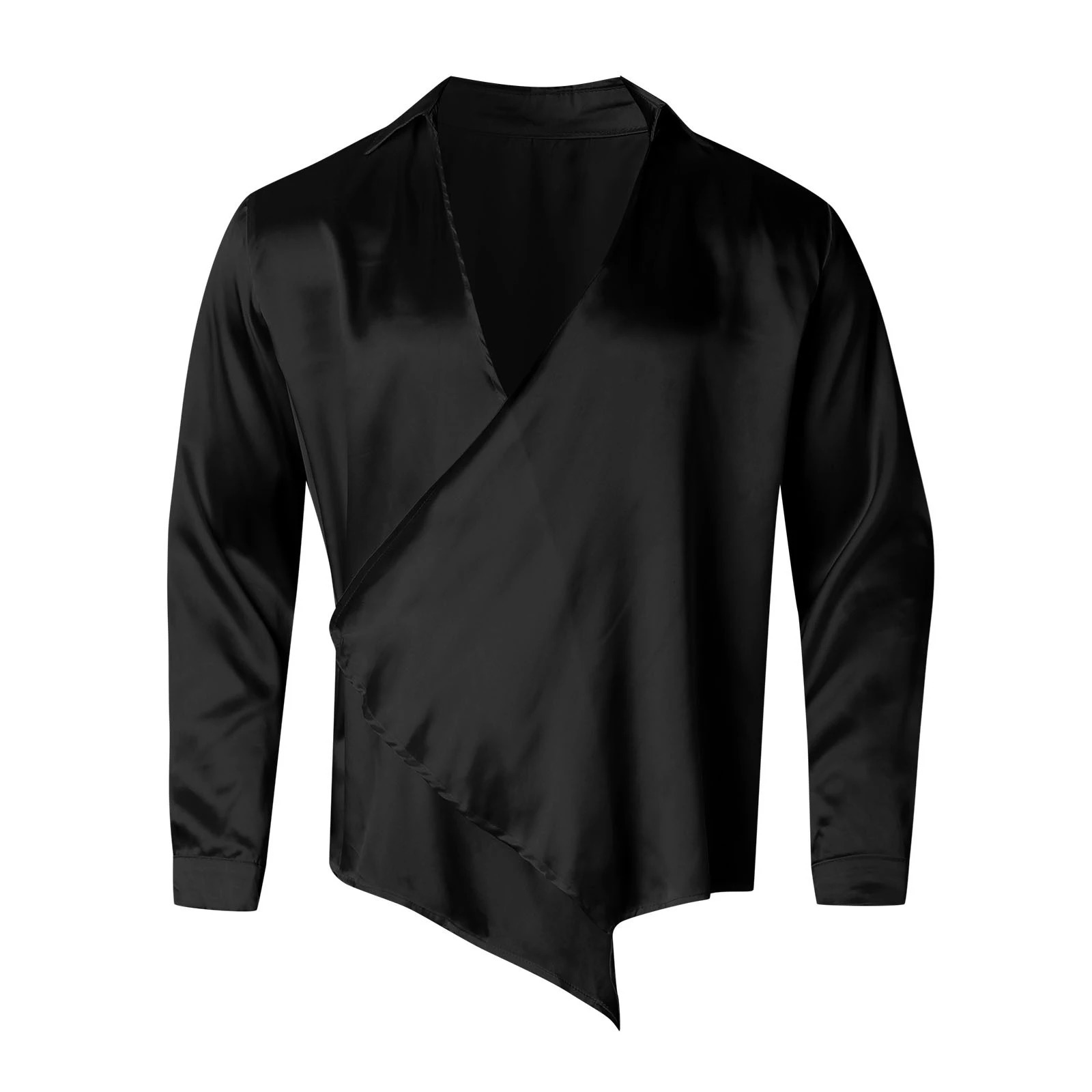 Mens Fall Shiny Satin Shirt Solid Color Long Sleeve Lapel V-Neck Wrap Loose Fit Tops 250616